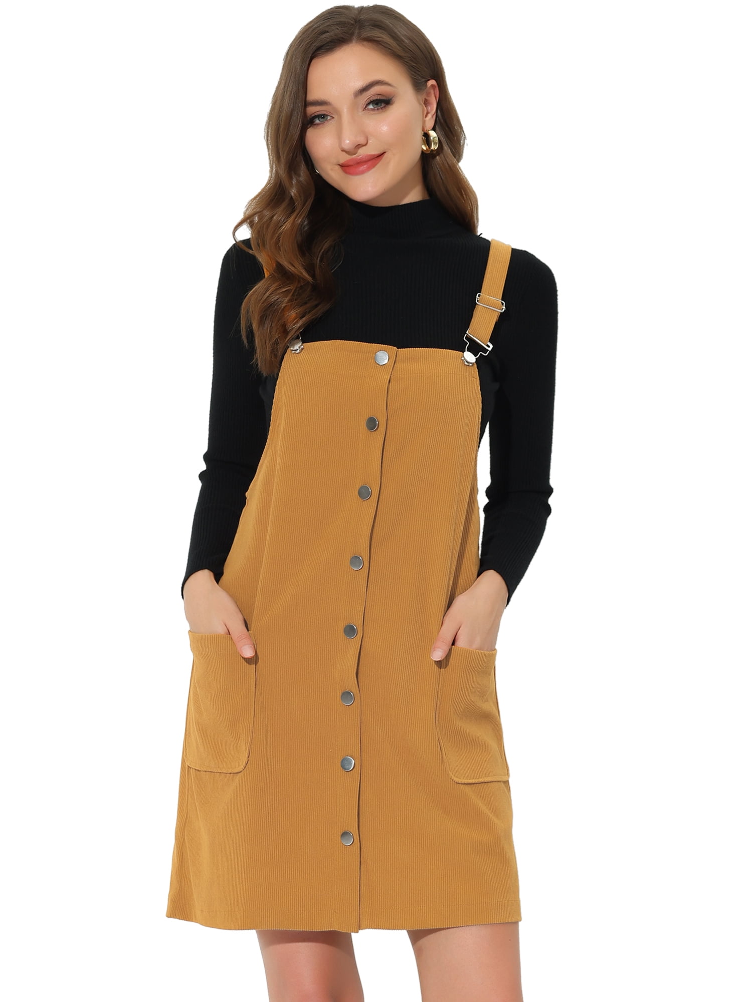 Unique Bargains Women's Corduroy Straps Pinafore Button Decor Overall Dress S Mustard