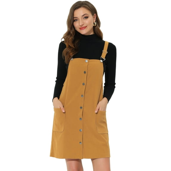 Unique Bargains Women's Corduroy Straps Pinafore Button Decor Overall Dress S Mustard