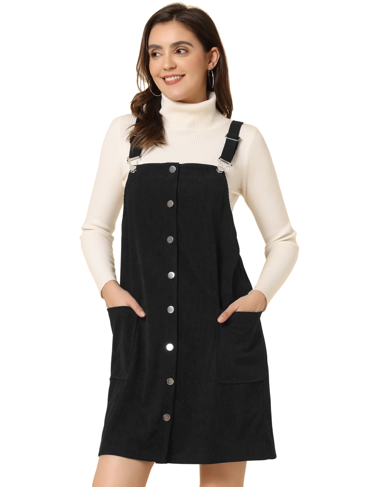 Unique Bargains women's Corduroy Overall Dress Black