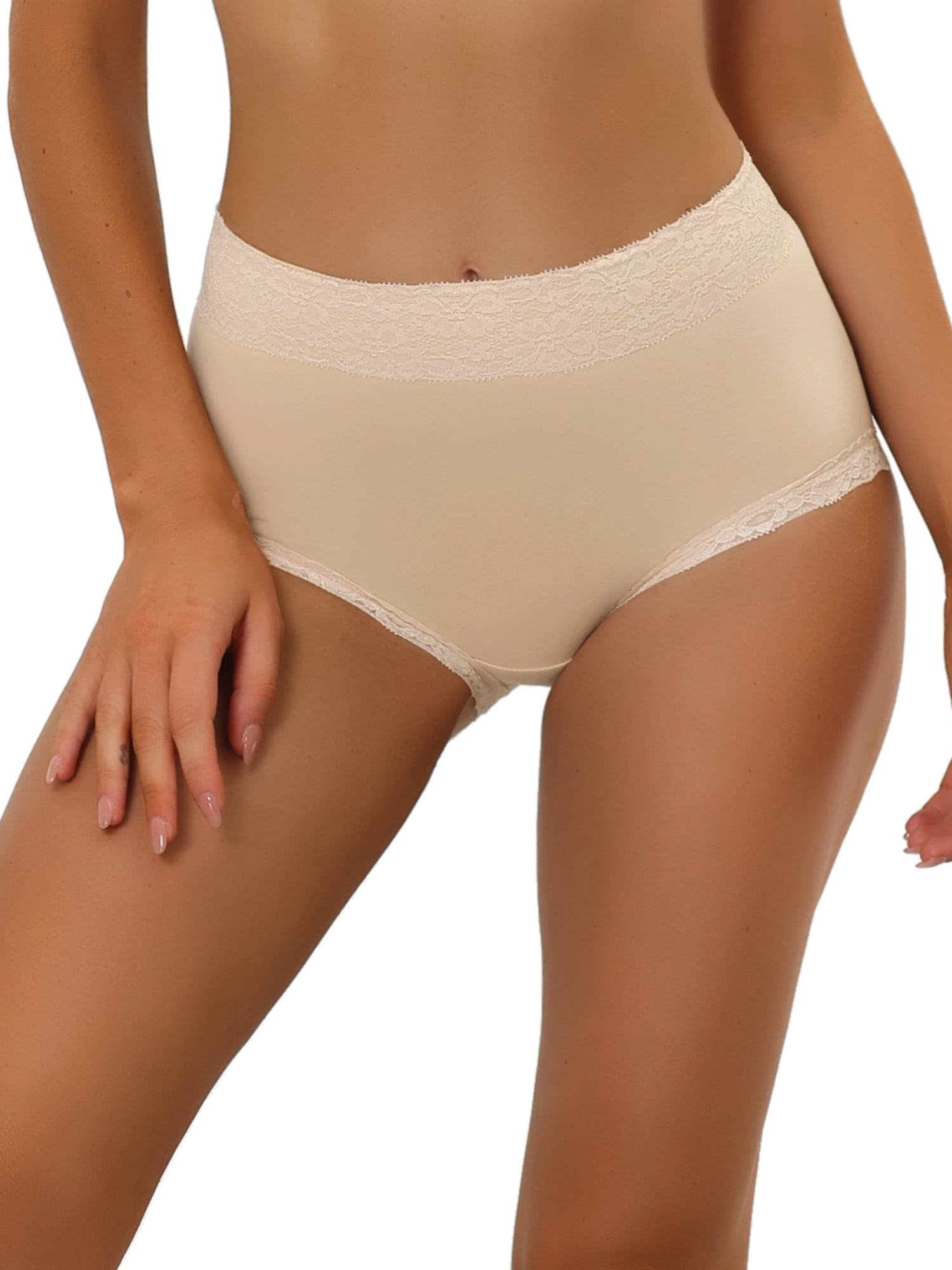 DARING DIVA Women's Cotton High-Lace Trim Tummy Full Coverage Brief Panties L Beige