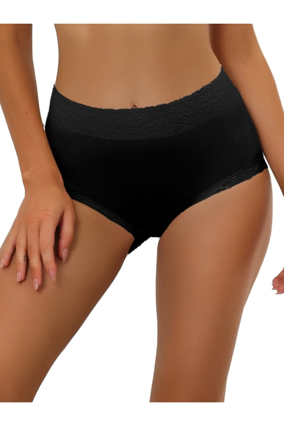 Women's Cotton High-Lace Trim Tummy Full Coverage Brief Panties L Black