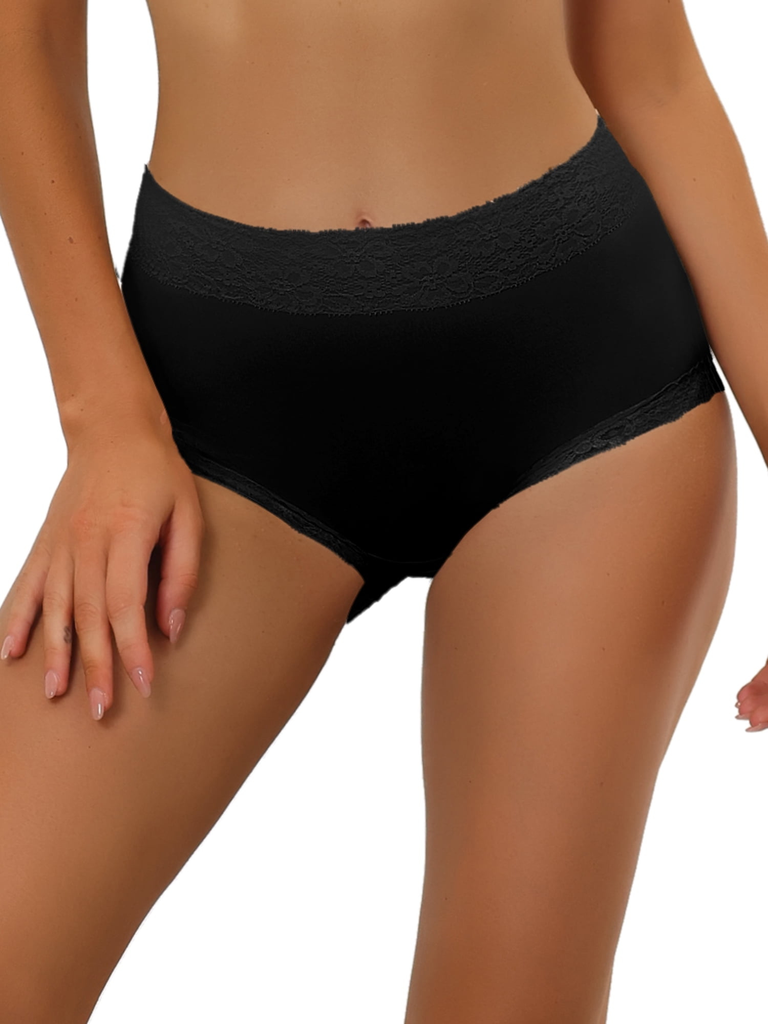 DARING DIVA Women's Cotton High-Lace Trim Tummy Full Coverage Brief Panties M Black