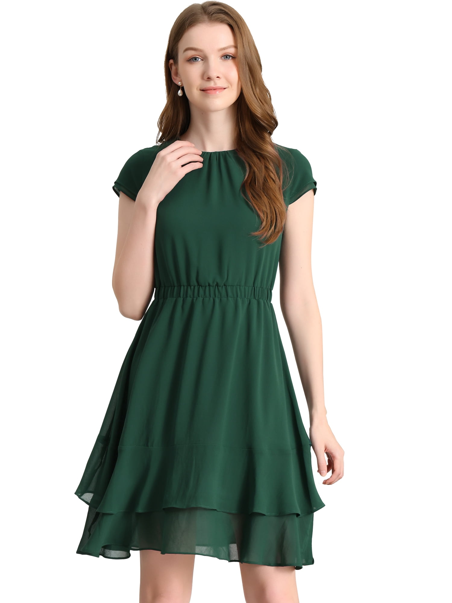 Unique Bargains Women's A-Line Layered Ruffled Mid-Length Dress Dark Green S