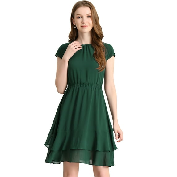 Unique Bargains Women's A-Line Layered Ruffled Mid-Length Dress Dark Green XL