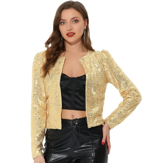 Women's Crop Open Front Blazer Long Sleeve Christmas Sparkly Sequin Jacket S Gold