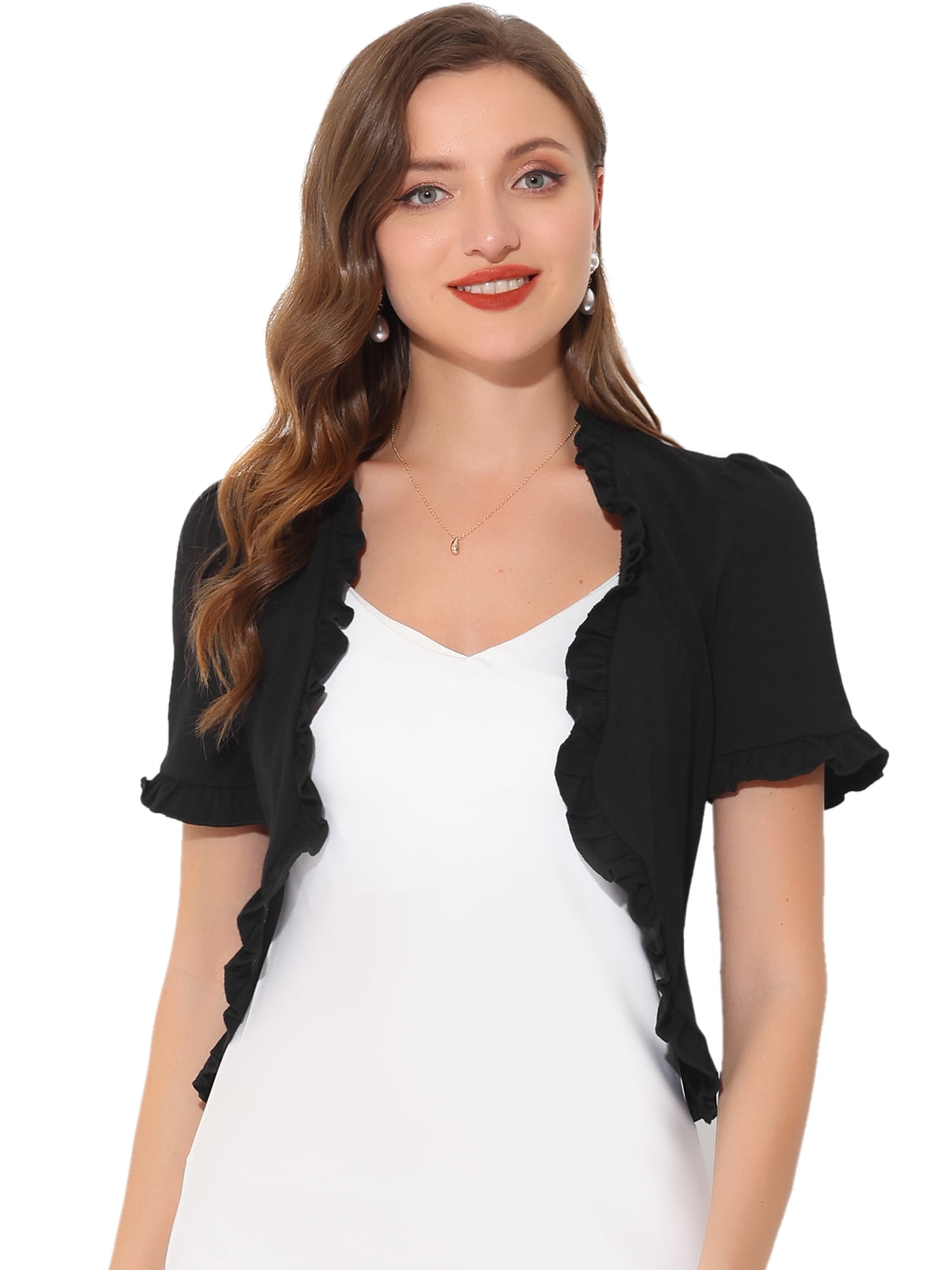 DARING DIVA Shrug Short Sleeve Formal Cropped Bolero L Black