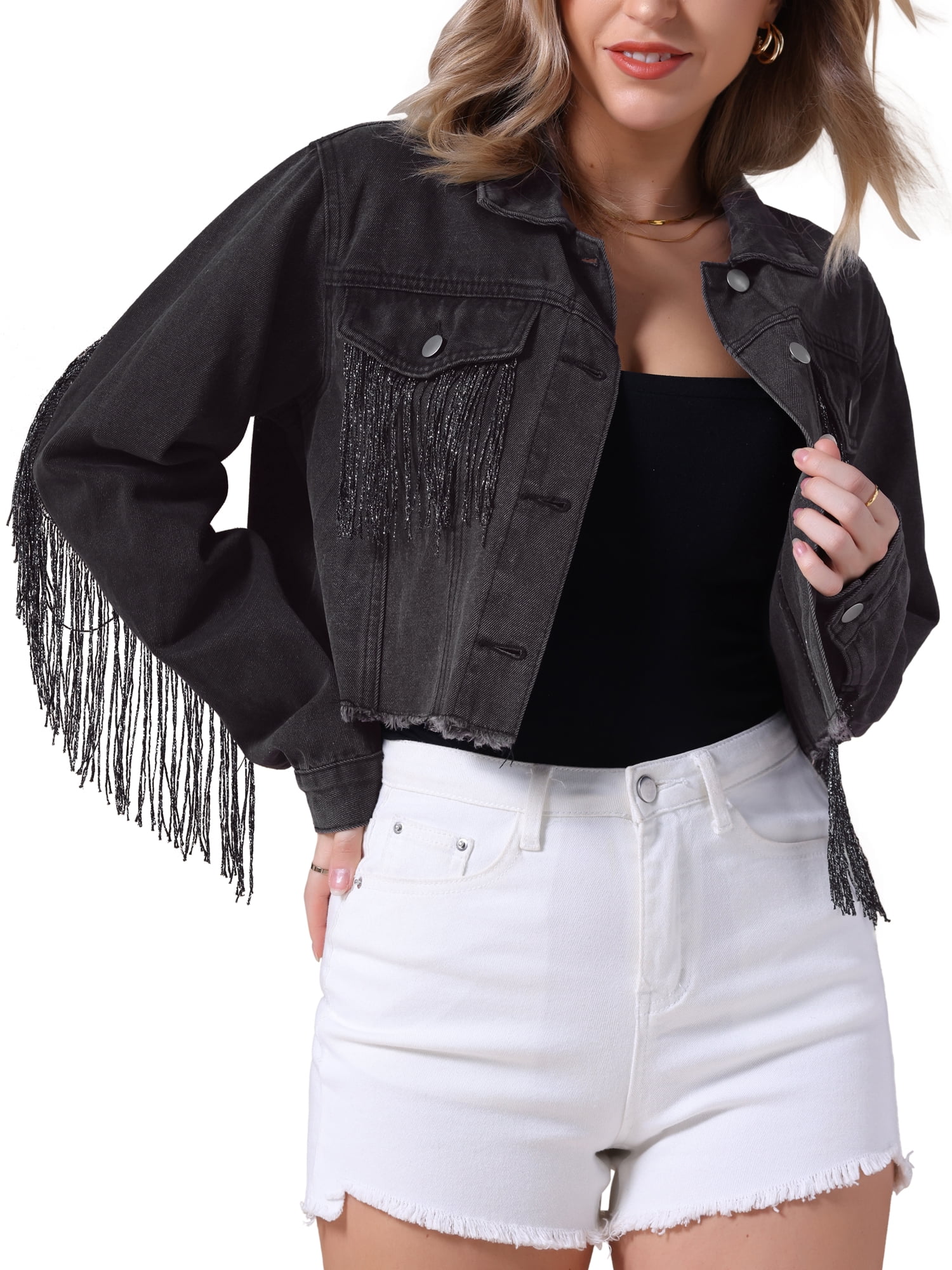 DARING DIVA Women's Cropped Jean Long Sleeve Frayed Tassel Fringe Denim Jacket L Black