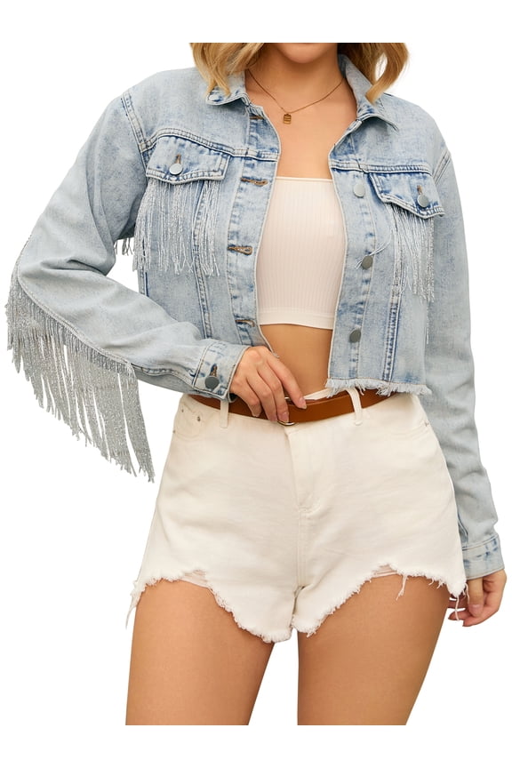 Women's Cropped Jean Long Sleeve Frayed Tassel Fringe Denim Jacket L Light Blue