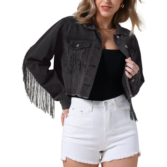 Unique Bargains Women's Cropped Frayed Hem Tassel Fringe Denim Jacket M Black