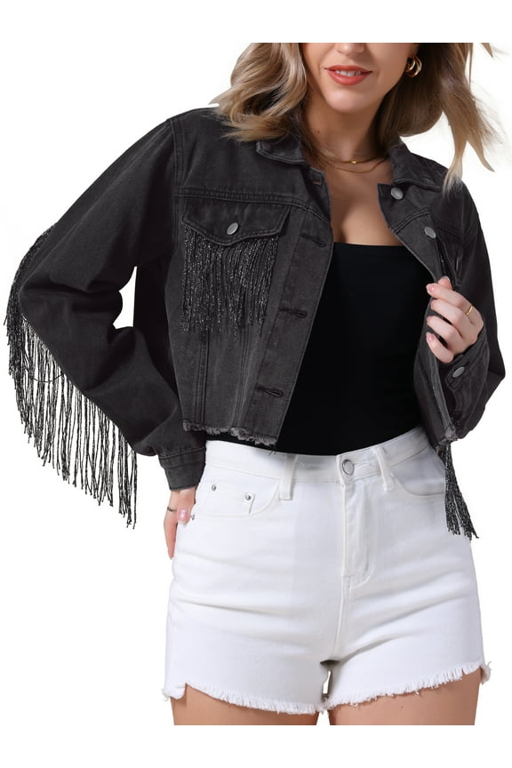 Women's Cropped Frayed Hem Tassel Fringe Denim Jacket M Black