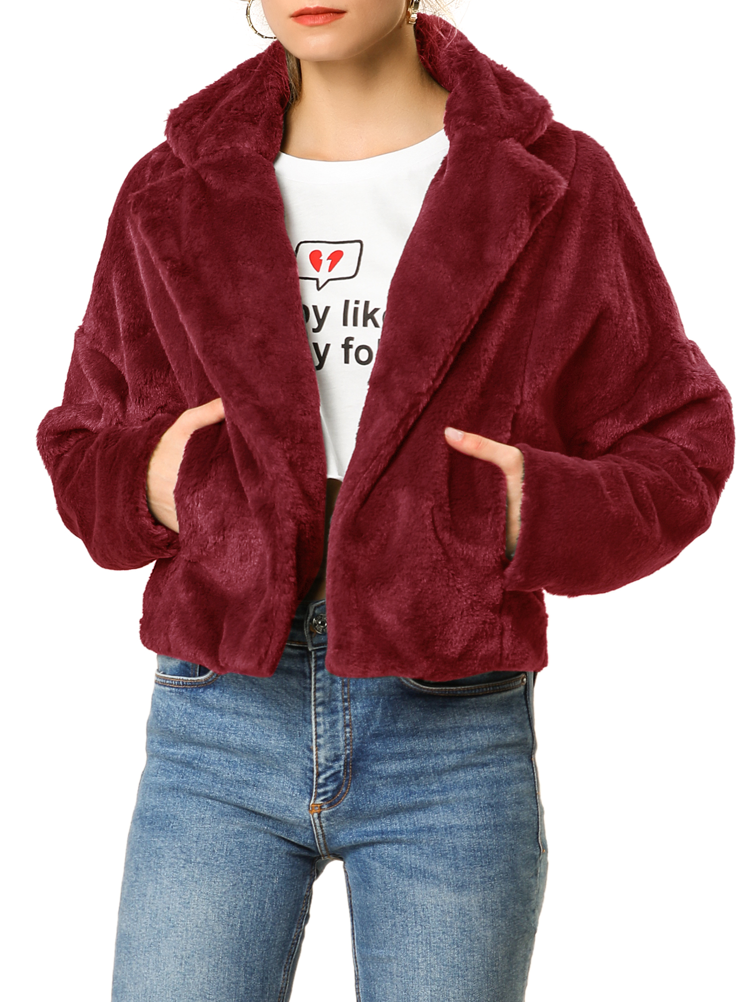 Unique Bargains Women's Cropped Jacket Notch Lapel Faux Fur Fluffy Coat L Burgundy - image 1 of 7