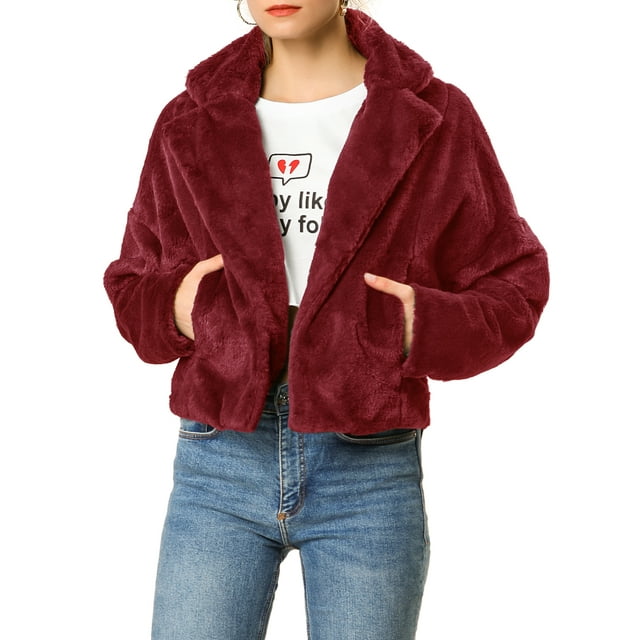Unique Bargains Women's Cropped Jacket Notch Lapel Faux Fur Fluffy Coat L Burgundy