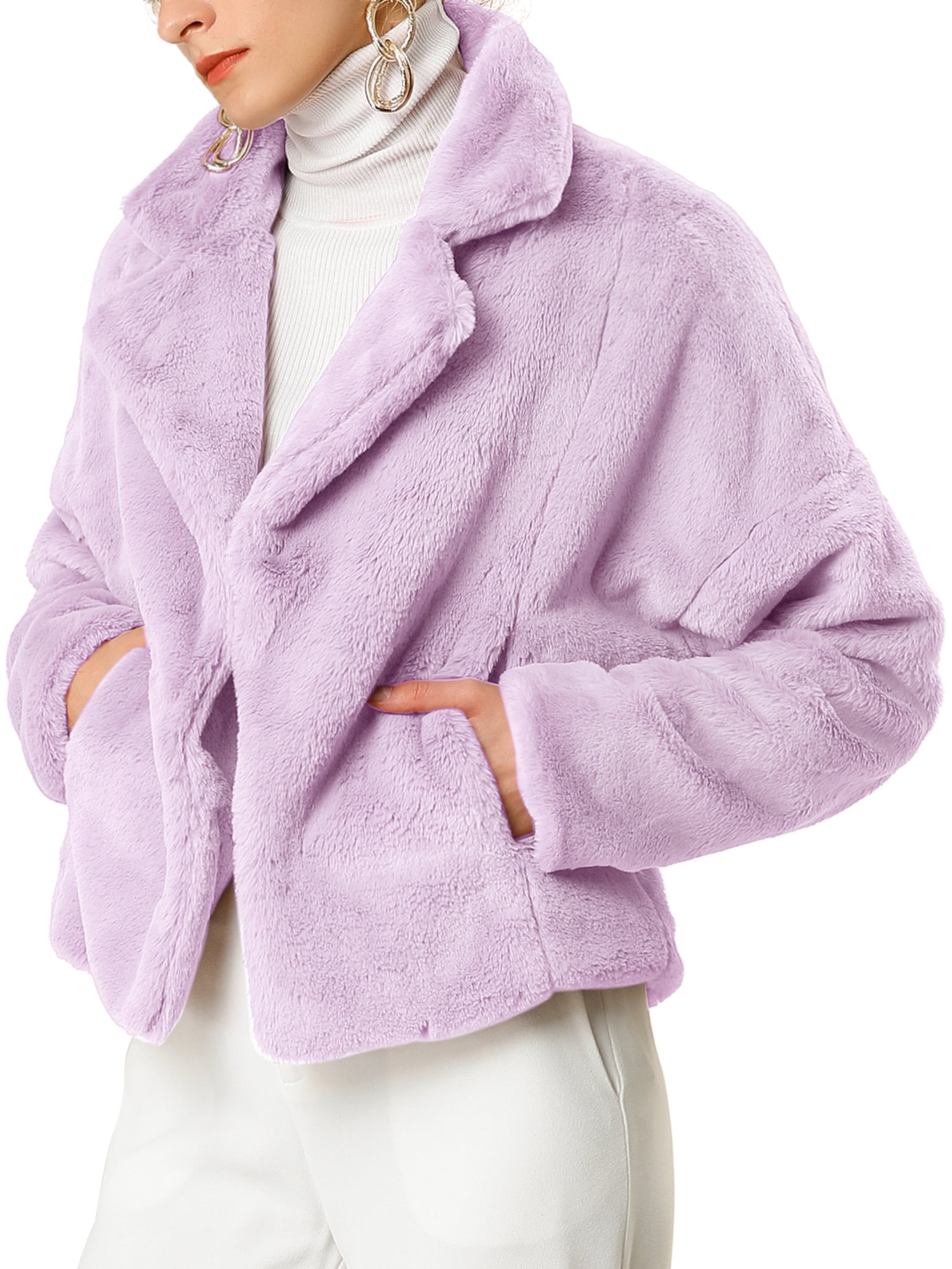 Unique Bargains Women's Cropped Jacket Notch Lapel Faux Fur Fluffy Coat XS  Taro Purple 