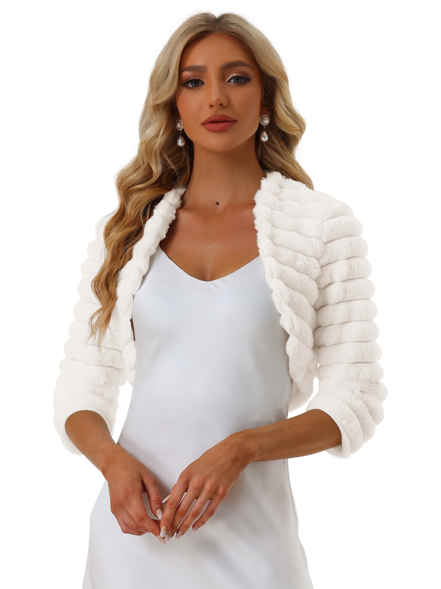 DARING DIVA Cropped Jacket  Open Front Bolero Faux Fur Shrug XL White