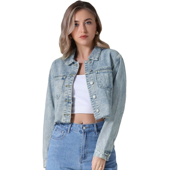 Unique Bargains Women's Cropped Washed Lightweight Frayed Hem Denim Jacket S Light Blue