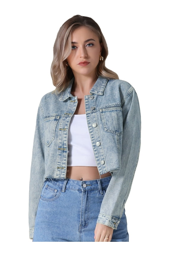 Unique Bargains Women's Cropped Washed Lightweight Frayed Hem Denim Jacket S Light Blue