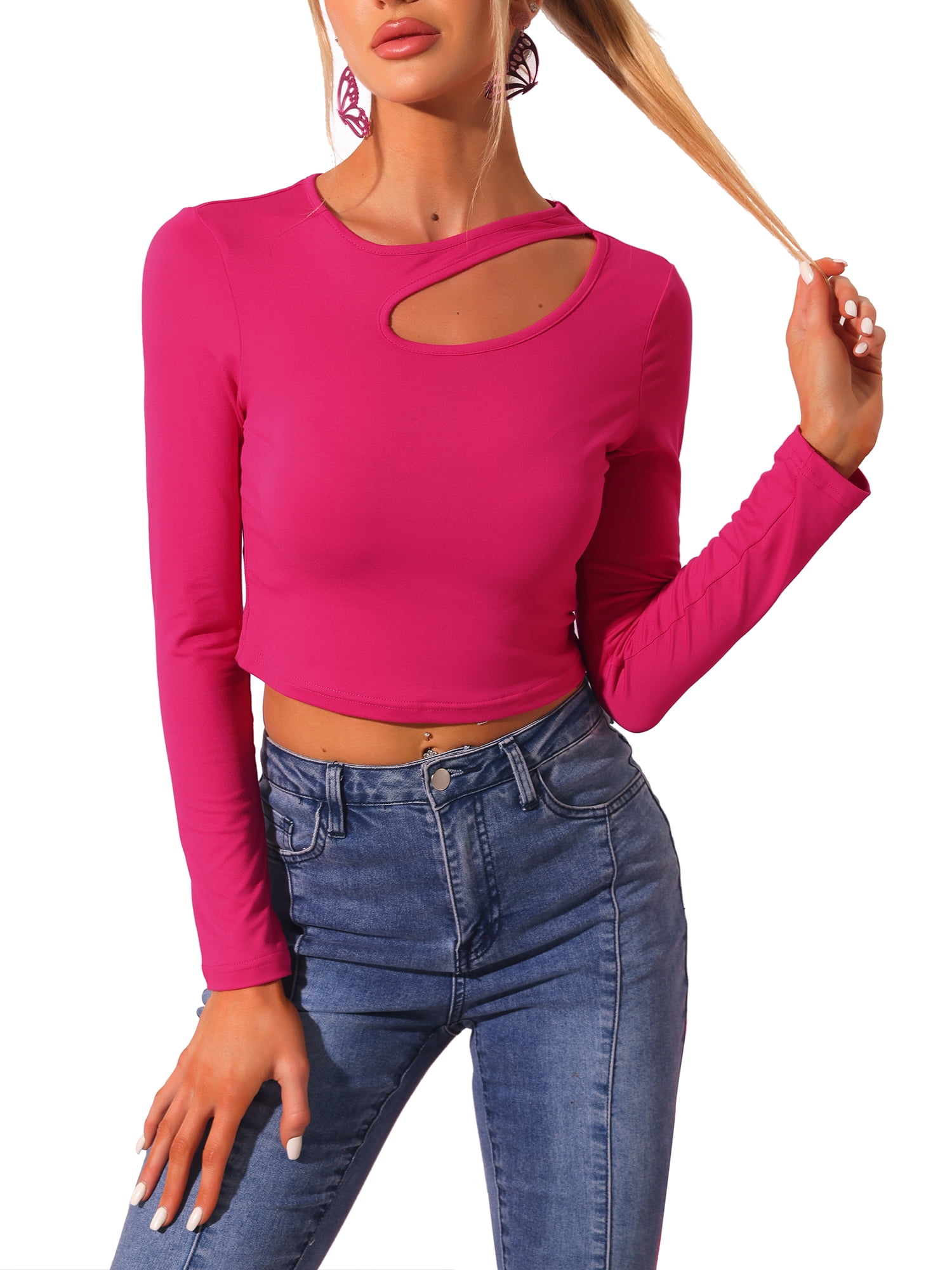 neon pink long sleeve crop top