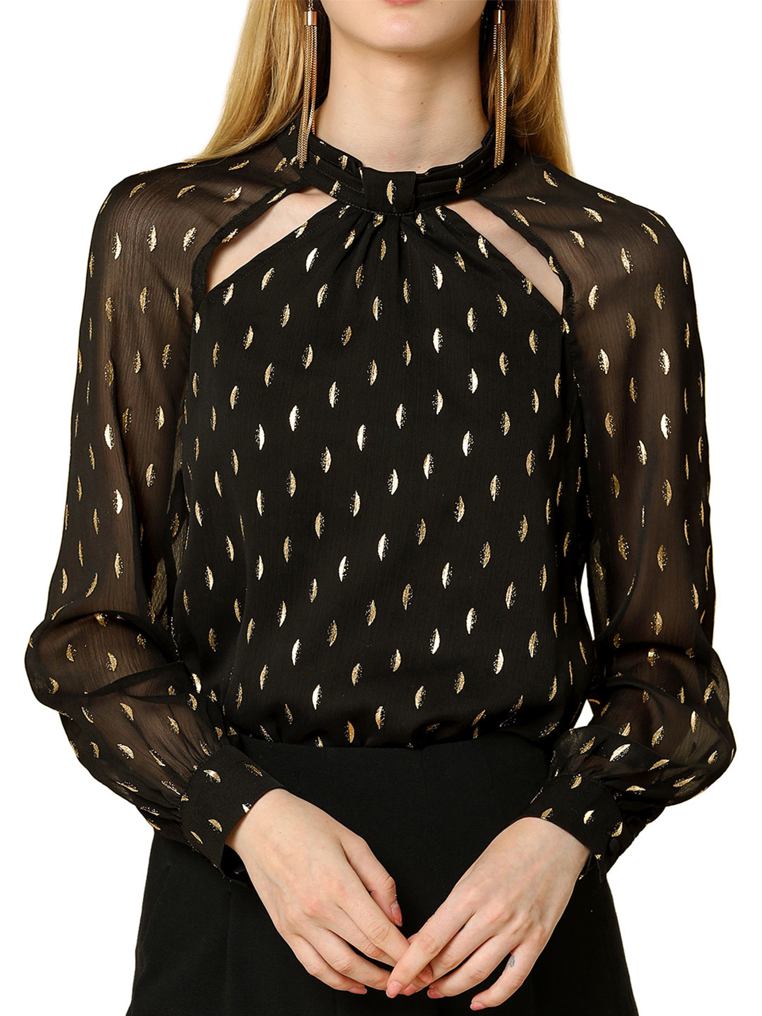 Unique Bargains Women's Cut Out Stand Collar Metallic Dots Blouses Chiffon Shirt Top - image 1 of 7