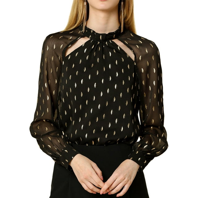 Unique Bargains Women's Cut Out Stand Collar Metallic Dots Blouses Chiffon Shirt Top