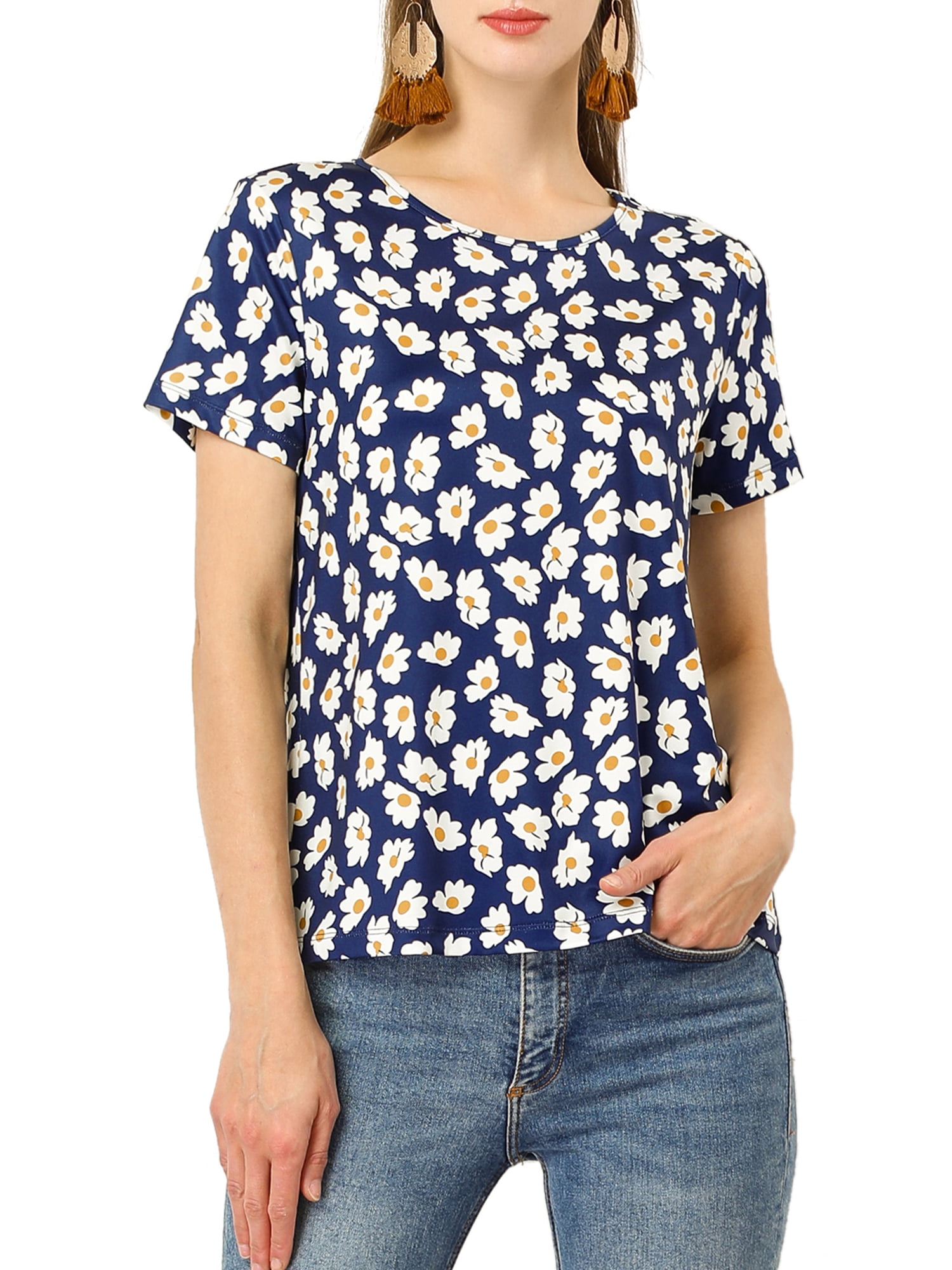 Unique Bargains Women's Daisy Floral Print Summer Crew Neck Short Sleeve Top