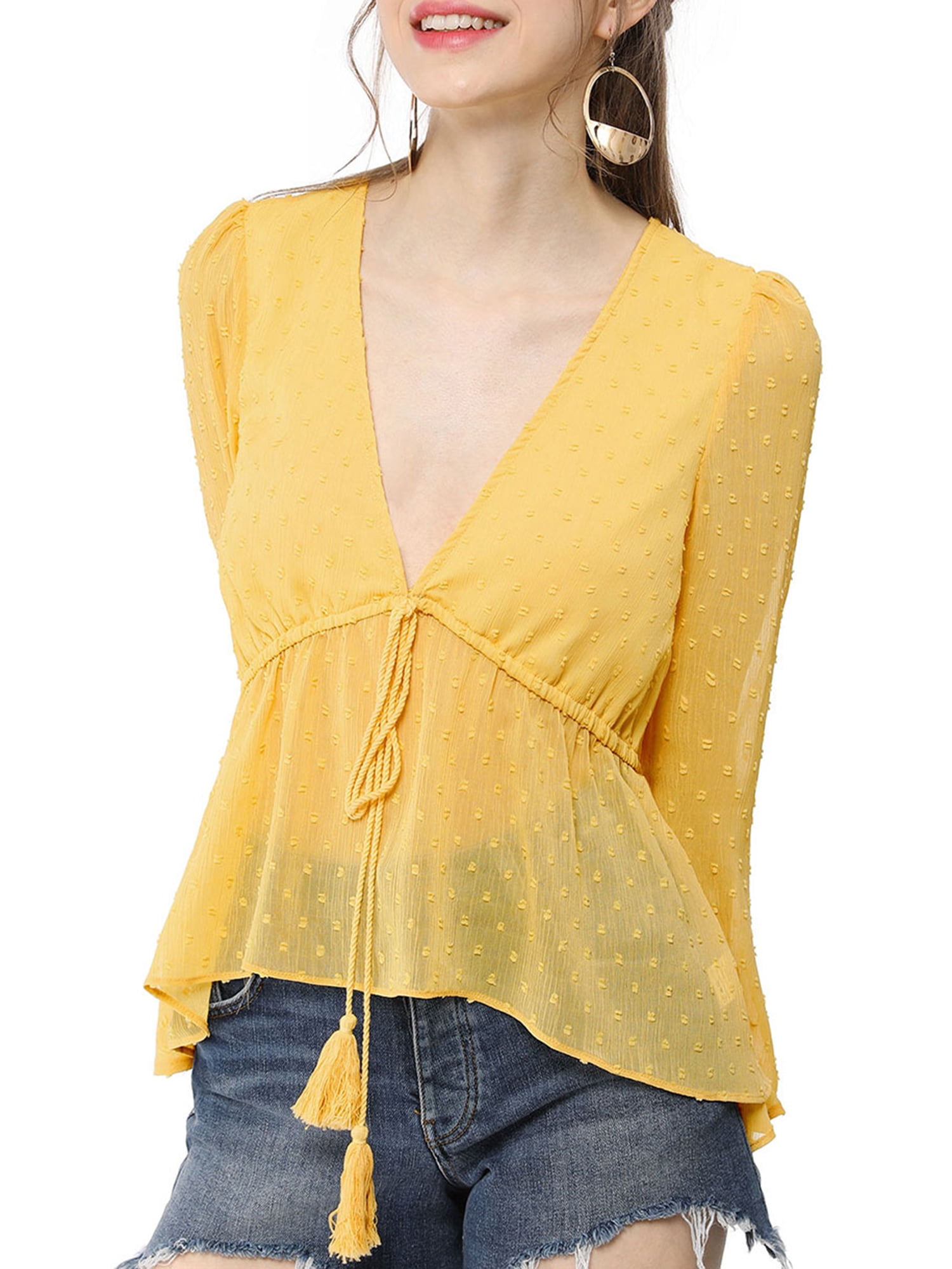 Unique Bargains Women's Deep V Neck Drawstring Ruffled Swiss Dots Sheer Chiffon Top Yellow M