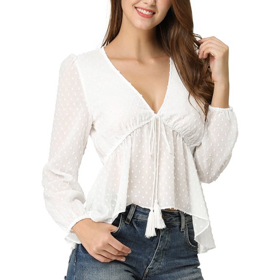 Unique Bargains Women's Deep V Neck Drawstring Ruffled Swiss Dots Sheer Chiffon Top