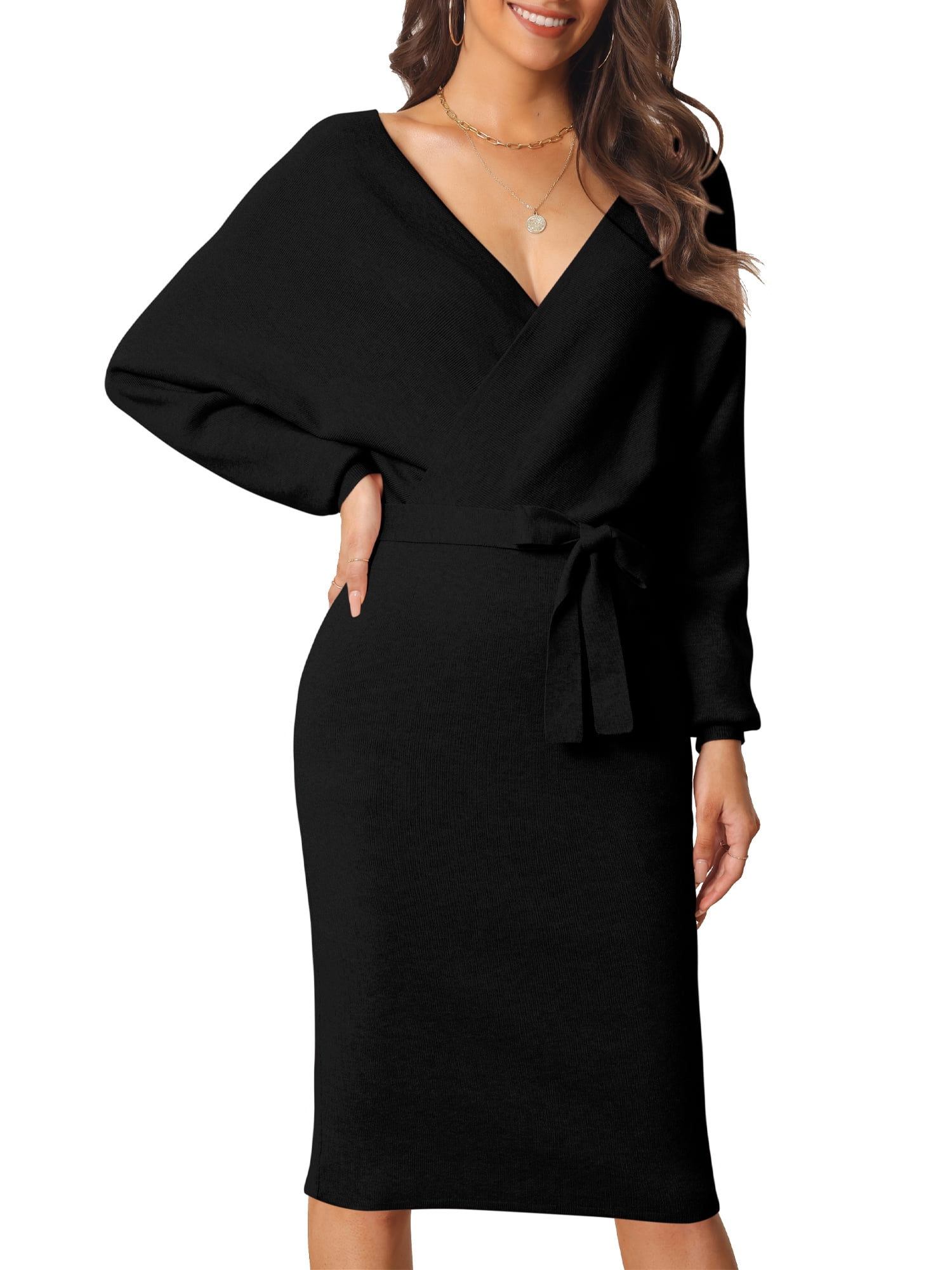 DARING DIVA Women's Deep V Neck Wrap Lantern Sleeve Belted Mini Sweater Dress S Black