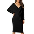 thumbnail image 1 of Unique Bargains Women's Deep V Neck Wrap Lantern Sleeve Belted Mini Sweater Dress S Black, 1 of 6