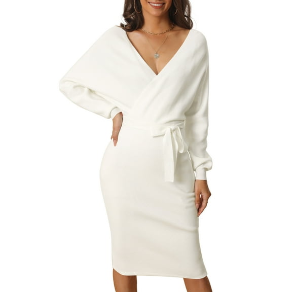 Unique Bargains Women's Deep V Neck Wrap Lantern Sleeve Belted Mini Sweater Dress XL White