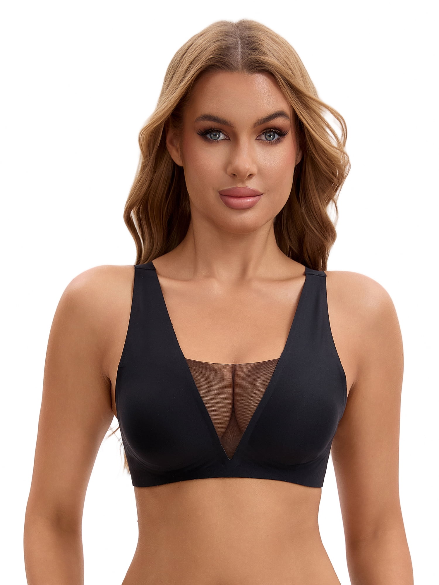 Unique Bargains Women's Deep V Seamless Mesh Plunge Bras Minimizers S Black