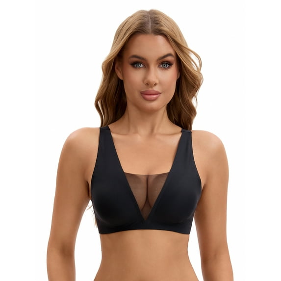 Unique Bargains Women's Deep V Seamless Mesh Plunge Bras Minimizers S Black