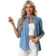 thumbnail image 1 of DARING DIVA Women's 3/4 Puff Sleeve Collar Button Down Jean Shirts XS Blue, 1 of 6