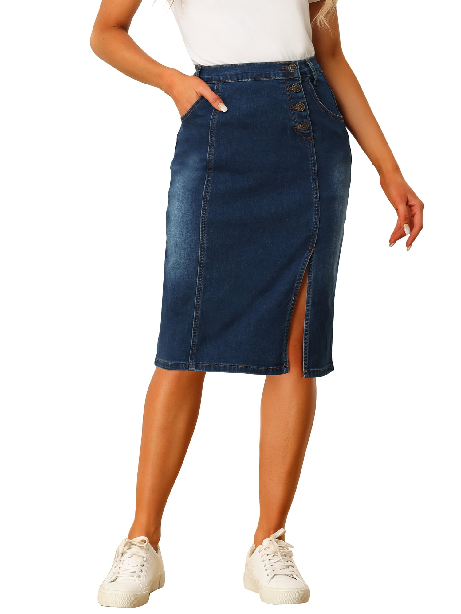 Unique Bargains Women s Denim Button Decor Side Slit Slash Pocket Midi Skirt M Blue Walmart