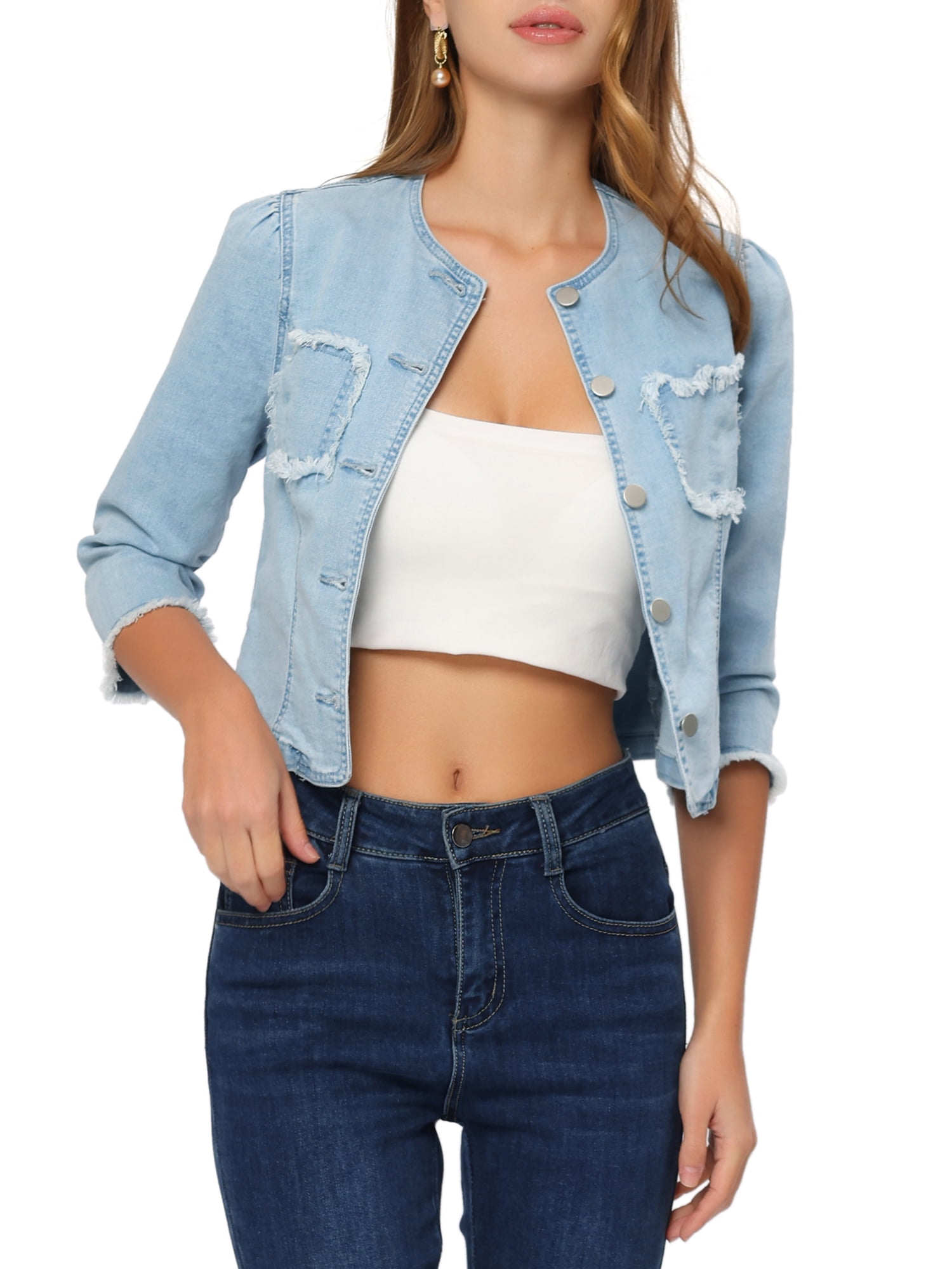 Unique Bargains Women's Denim Crop Round Neck Button Down Frayed Jean Fashion Jacket S Light Blue