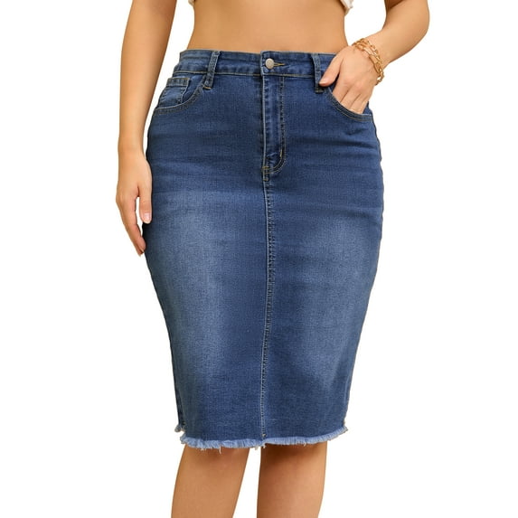 Unique Bargains Women's Denim High Waist Raw Hem Pockets Pencil Skirt S Blue