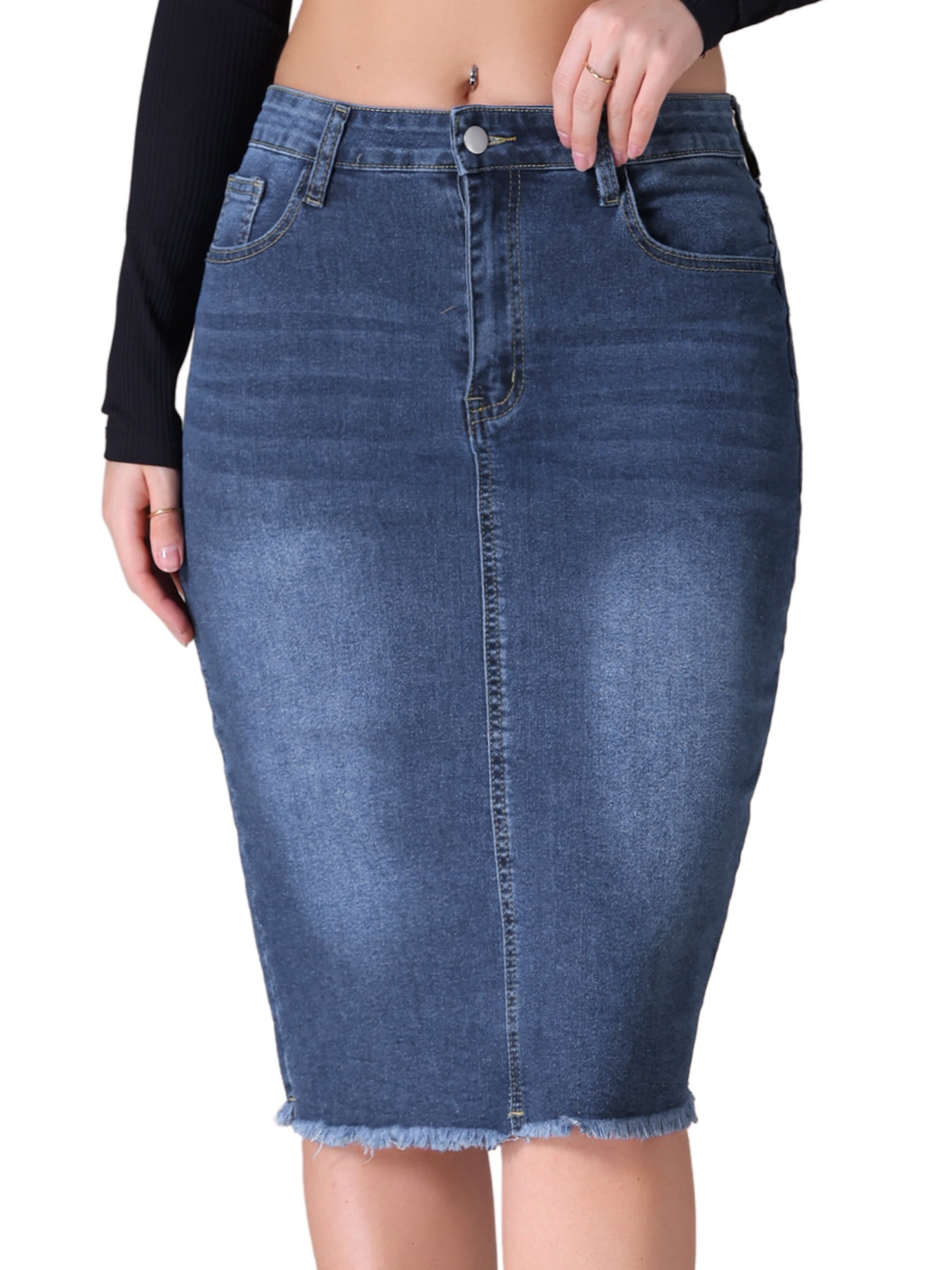 DARING DIVA Women's Denim Raw Hem Pockets Pencil Skirt S Dark Blue