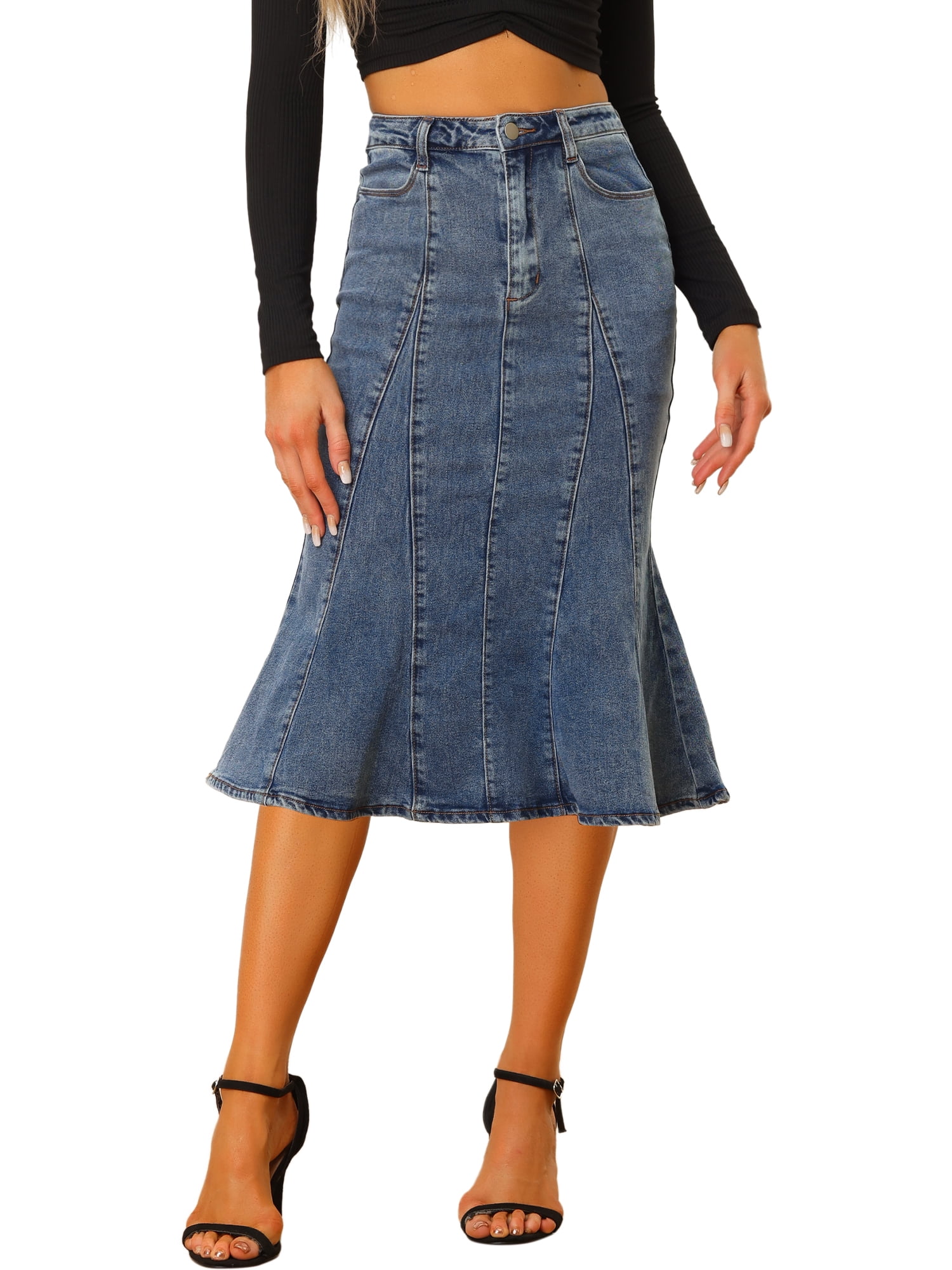 Fishtail Skirt High Waisted Ruffle Denim Skirt Unique Bargains