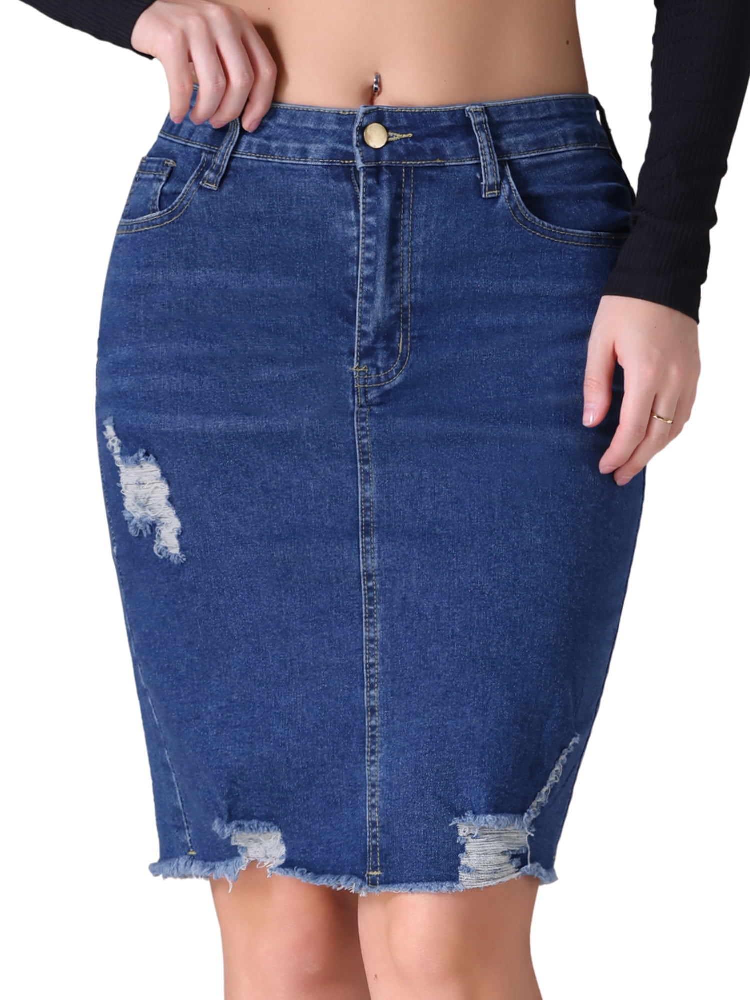 DARING DIVA Women's Denim Above the Knee Pencil Skirt XL Dark Blue