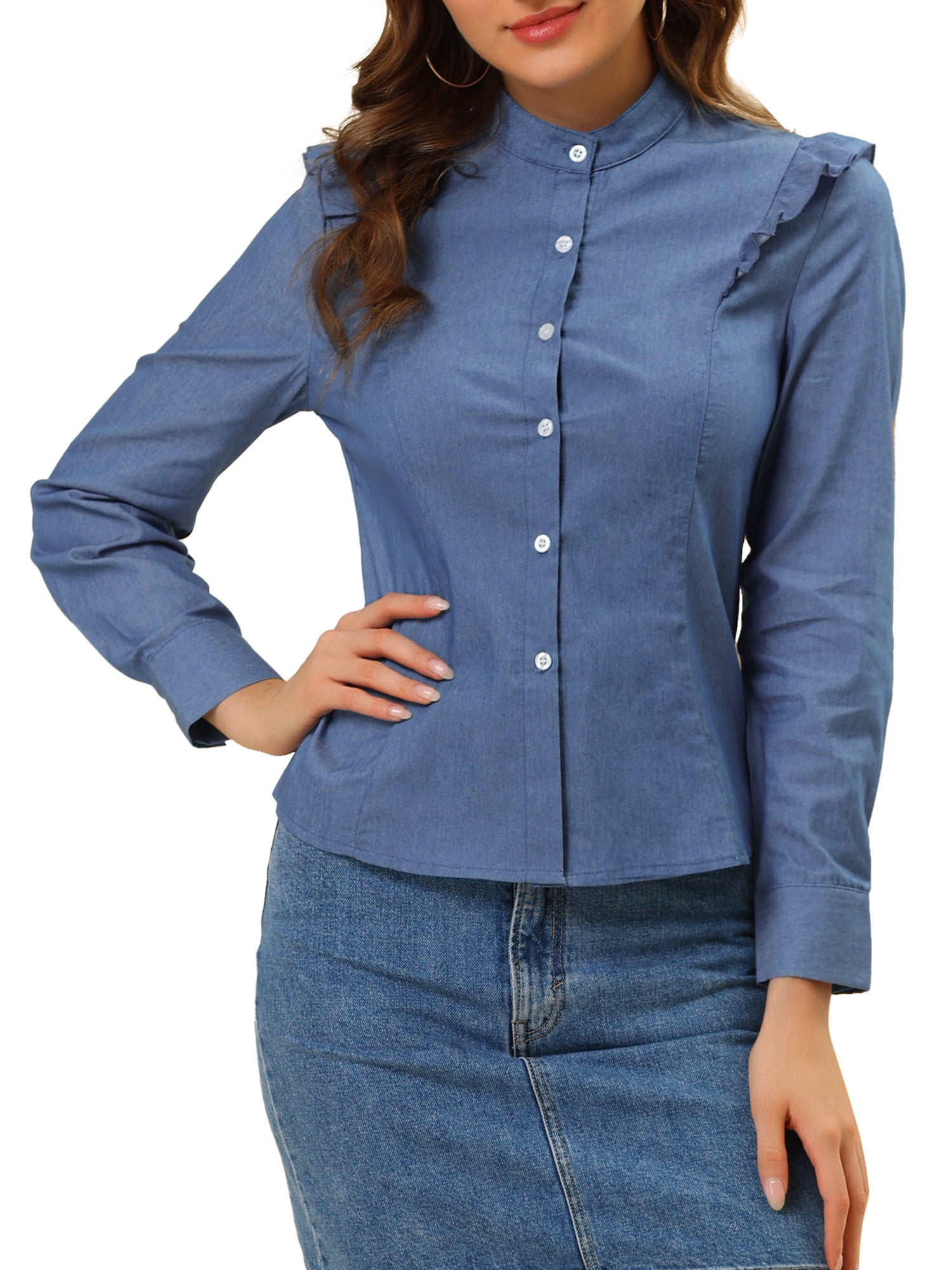 Unique Bargains Women's Denim Long Sleeve Ruffled Trim Shoulder Button Down Shirt