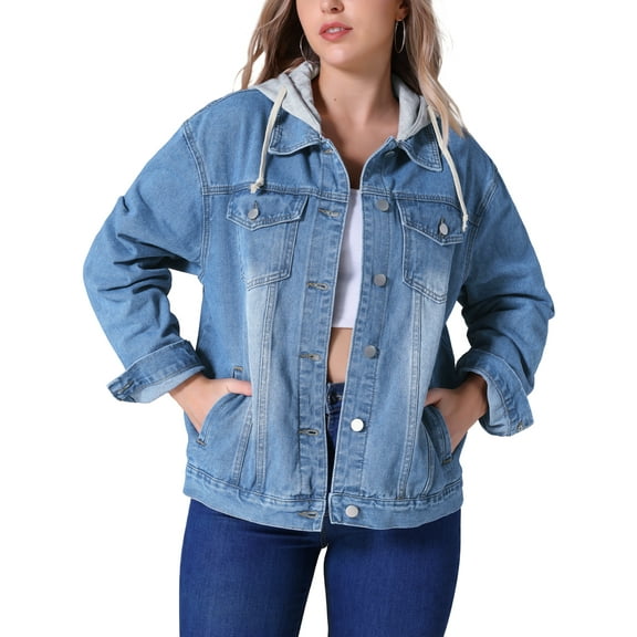 Unique Bargains Women's Denim Long Sleeves Jacket with Detachable Hoodie L Blue