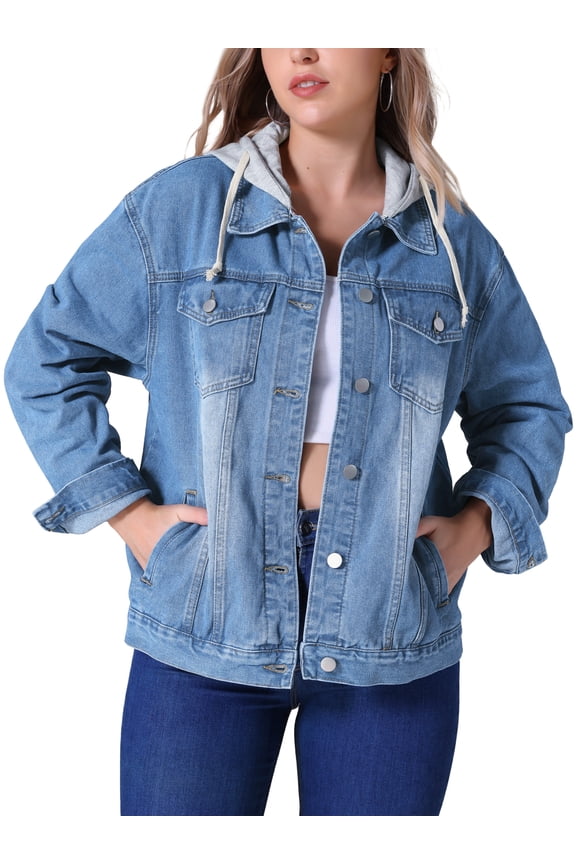 Women's Denim Long Sleeves Jacket with Detachable Hoodie L Blue