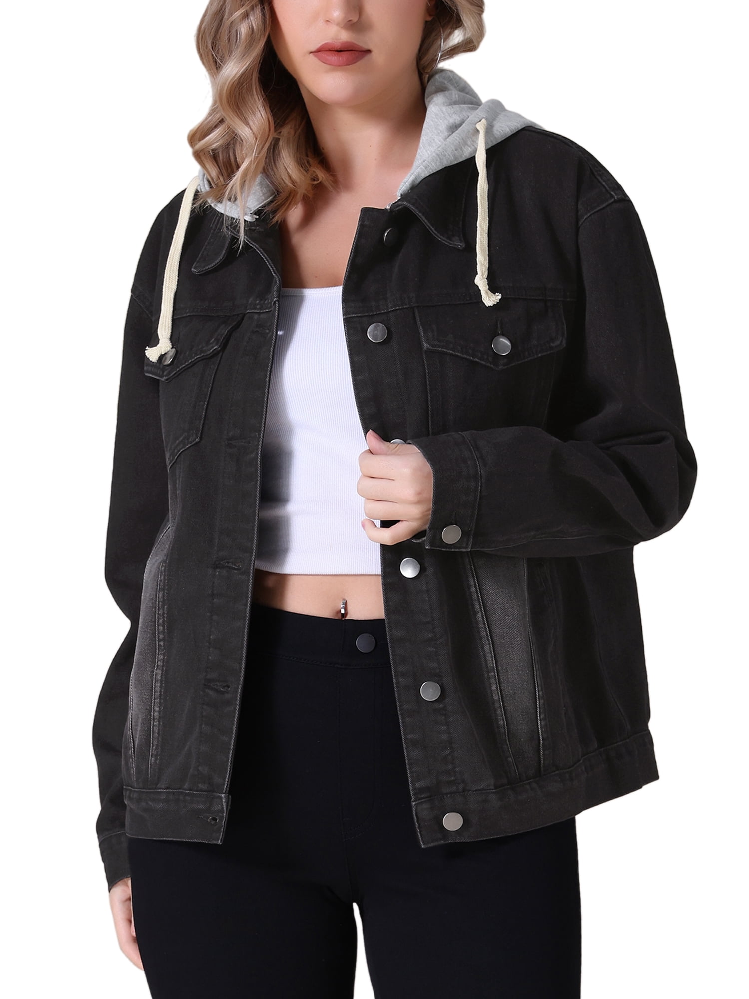 Unique Bargains Women's Denim Long Sleeves Jacket with Detachable Hoodie M Black