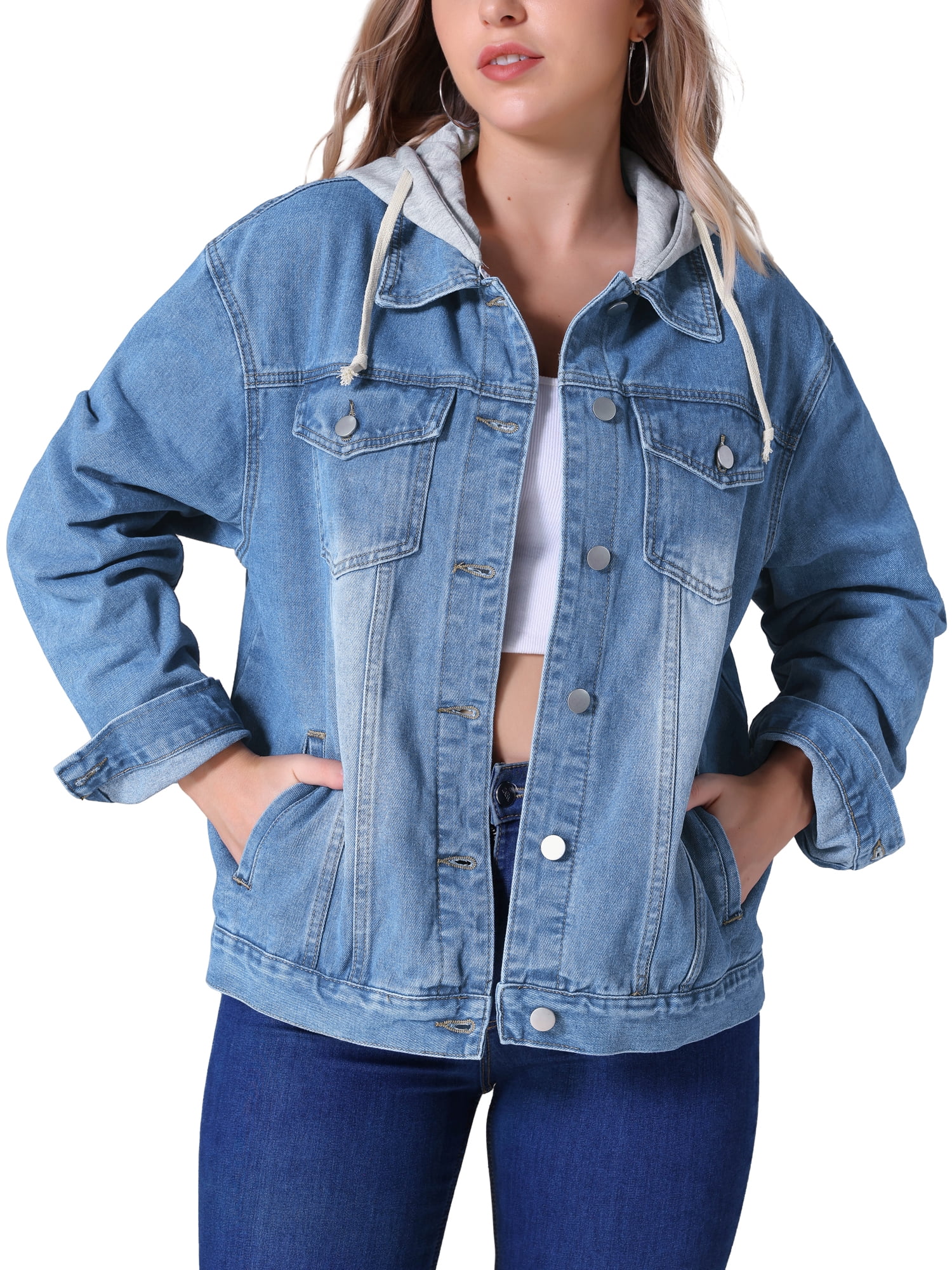 Unique Bargains Women's Denim Long Sleeves Jacket with Detachable Hoodie XL Blue