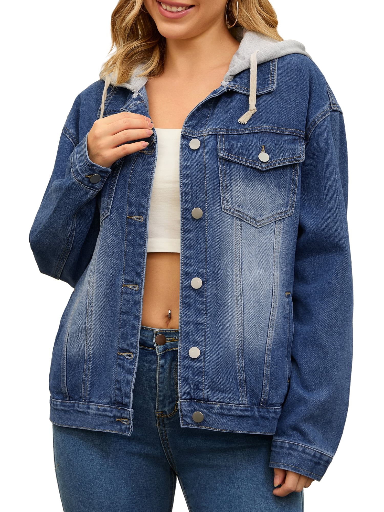Unique Bargains Women's Denim Long Sleeves Jacket with Detachable Hoodie XL Dark Blue