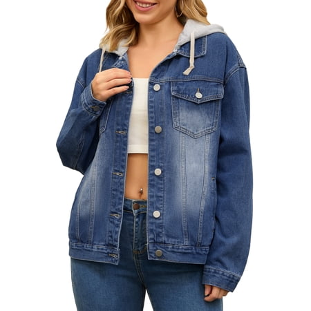 Unique Bargains Women's Denim Long Sleeves Jacket with Detachable Hoodie XL Dark Blue