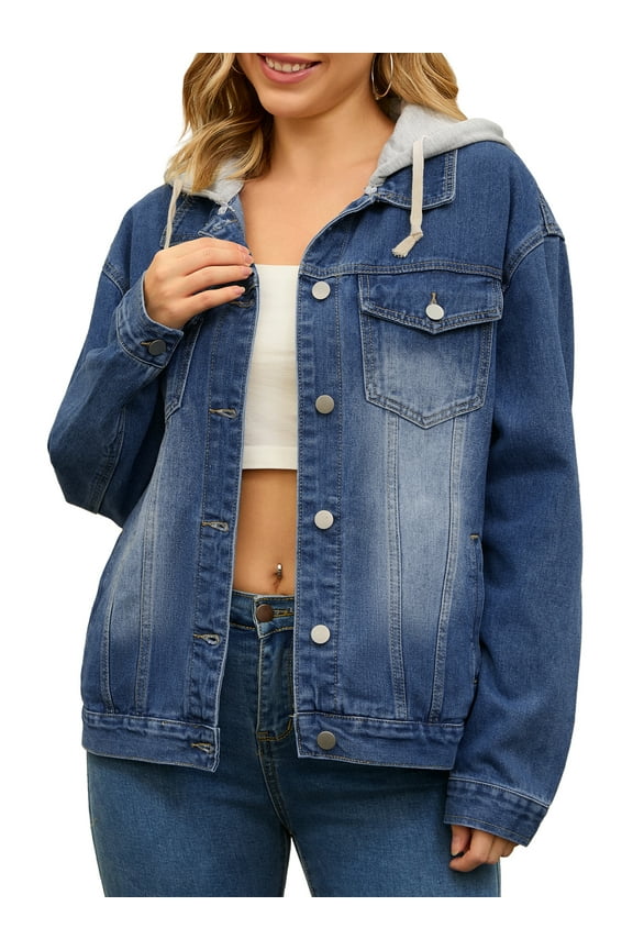 Women's Denim Long Sleeves Jacket with Detachable Hoodie XL Dark Blue