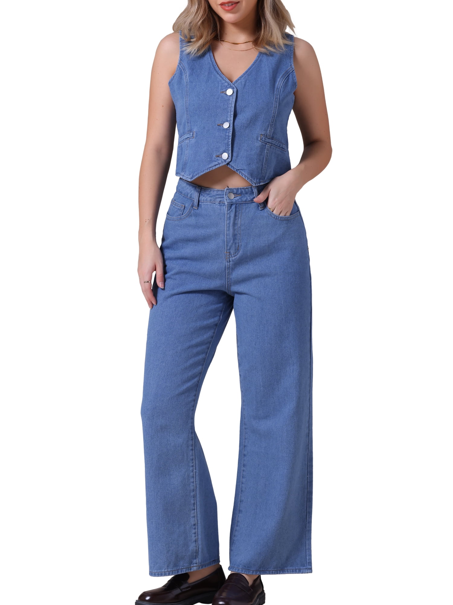 DARING DIVA Women's Denim Set 2 Pieces Outfits Matching Wide Leg Jeans 2XL Blue