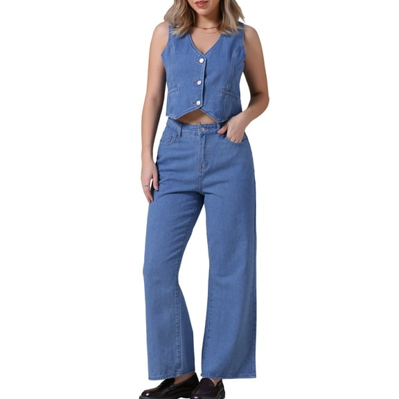 DARING DIVA Women's Denim Set 2 Pieces Outfits Matching Wide Leg Jeans M Blue