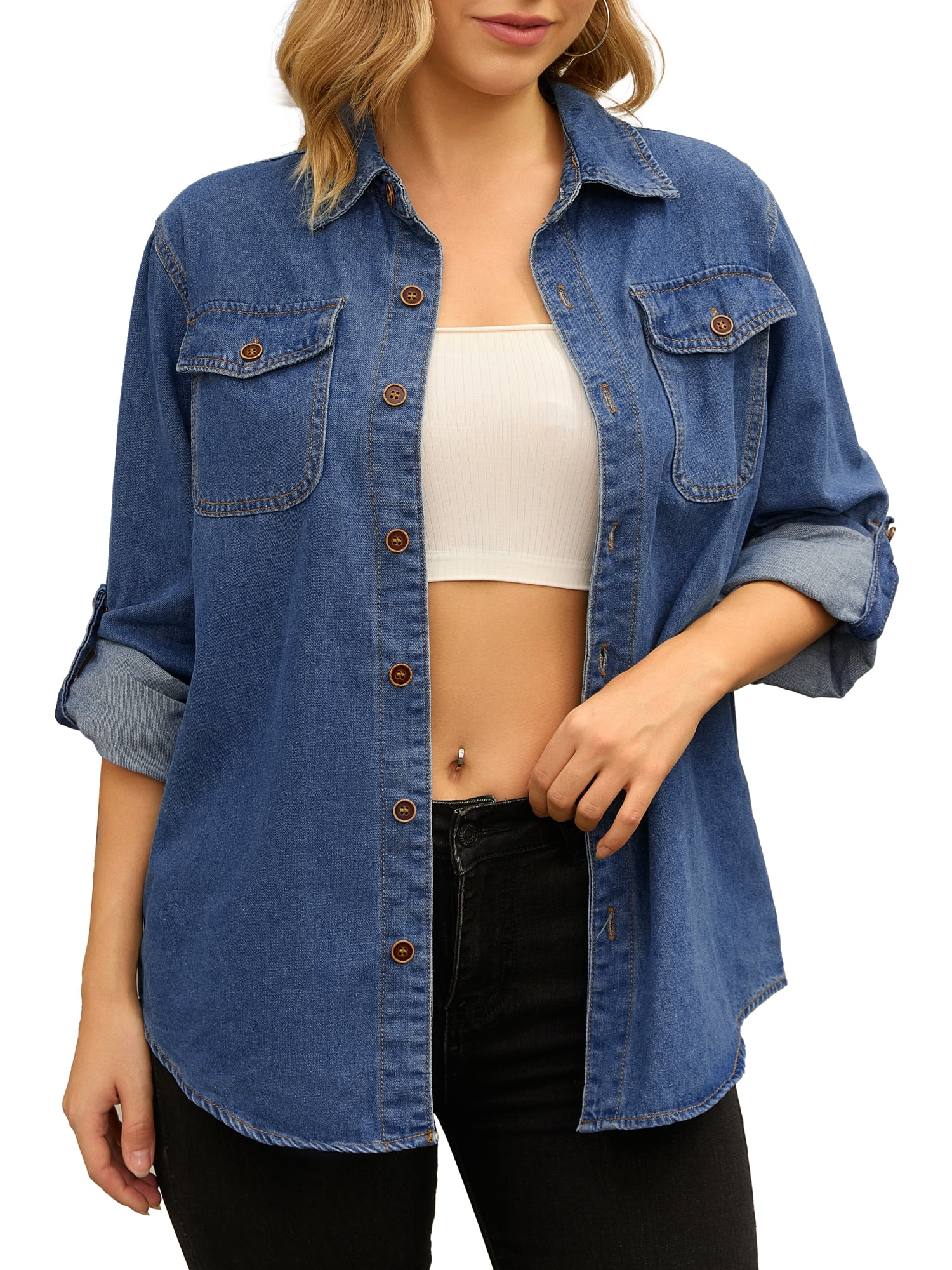Unique Bargains Women's Denim Shirt Long Sleeve Jean Jackets Casual L Blue