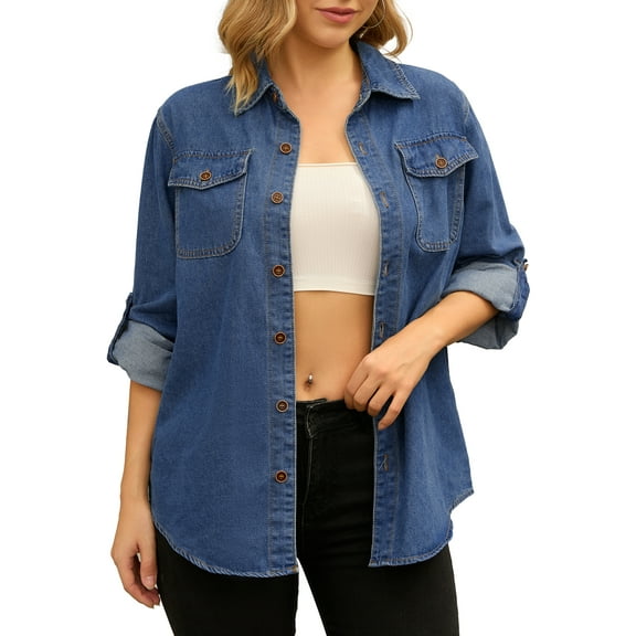 Unique Bargains Women's Denim Shirt Long Sleeve Jean Jackets Casual S Blue